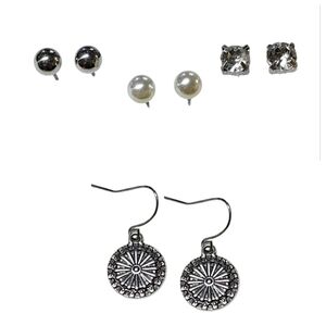 4pc Set geometric boho starburst, rhinestone & pearl stud earrings
